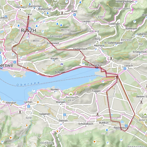 Map miniature of "Reichenburg - Schmerikon - Obersee - Frohberg - Rüti ZH - Eschenbach - Schloss Grynau - Sagi - Reichenburg" cycling inspiration in Zentralschweiz, Switzerland. Generated by Tarmacs.app cycling route planner