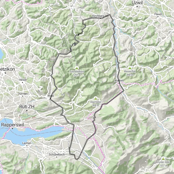 Map miniature of "Wald-Kaltbrunn Alpine Challenge" cycling inspiration in Zentralschweiz, Switzerland. Generated by Tarmacs.app cycling route planner