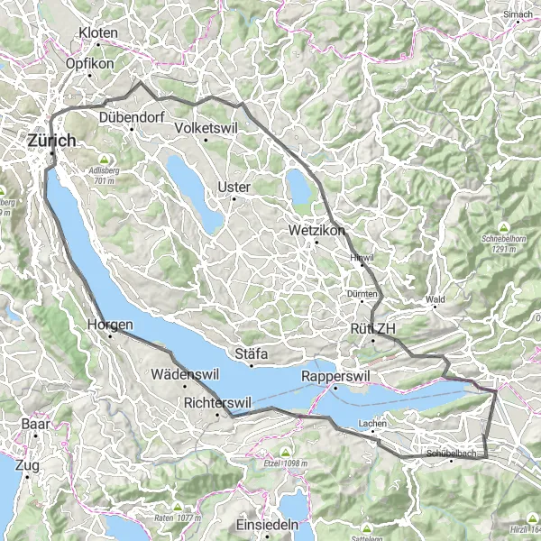 Miniatua del mapa de inspiración ciclista "Ruta en Carretera al Lago Zurich" en Zentralschweiz, Switzerland. Generado por Tarmacs.app planificador de rutas ciclistas