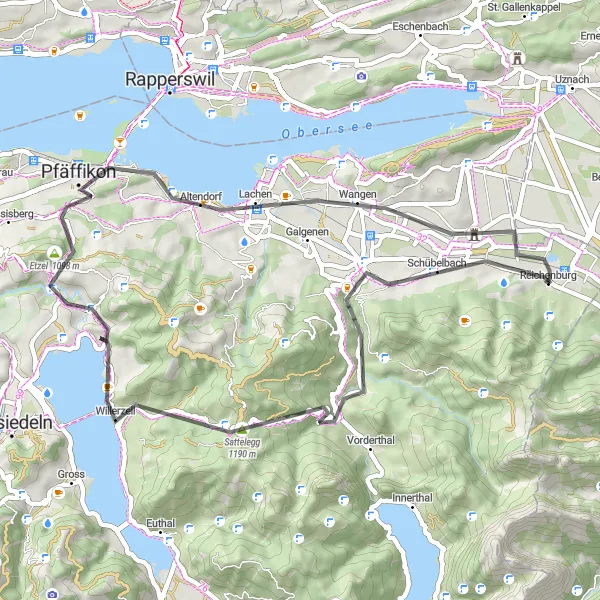 Zemljevid v pomanjšavi "Kolesarska pot Schübelbach - Burgstelle Mülenen" kolesarske inspiracije v Zentralschweiz, Switzerland. Generirano z načrtovalcem kolesarskih poti Tarmacs.app
