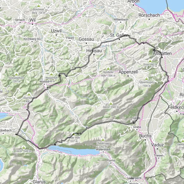 Miniatua del mapa de inspiración ciclista "Ruta en Carretera desde Reichenburg a Bilten" en Zentralschweiz, Switzerland. Generado por Tarmacs.app planificador de rutas ciclistas