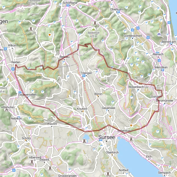 Karten-Miniaturansicht der Radinspiration "Abenteuerliche 51 km lange Schotterwegsrunde von Reiden nach Beromünster" in Zentralschweiz, Switzerland. Erstellt vom Tarmacs.app-Routenplaner für Radtouren