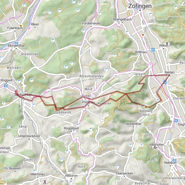 Miniatura della mappa di ispirazione al ciclismo "Giro in bicicletta attraverso Reiden e dintorni" nella regione di Zentralschweiz, Switzerland. Generata da Tarmacs.app, pianificatore di rotte ciclistiche