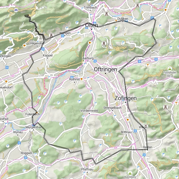 Miniatura della mappa di ispirazione al ciclismo "Tour su strada da Reiden a Zofingen" nella regione di Zentralschweiz, Switzerland. Generata da Tarmacs.app, pianificatore di rotte ciclistiche
