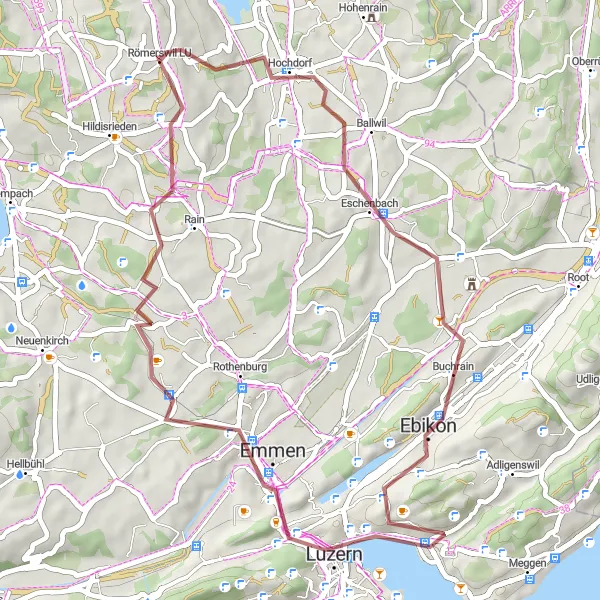 Miniatua del mapa de inspiración ciclista "Aventura Extendida por Ebikon y Gossenrain" en Zentralschweiz, Switzerland. Generado por Tarmacs.app planificador de rutas ciclistas