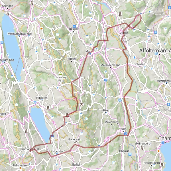 Miniatua del mapa de inspiración ciclista "Aventurera ruta de ciclismo de grava con 1204m de ascenso y 64 km de distancia desde Römerswil" en Zentralschweiz, Switzerland. Generado por Tarmacs.app planificador de rutas ciclistas