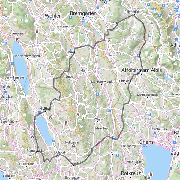 Miniaturní mapa "Okruh kolem Römerswil - Hitzkirch" inspirace pro cyklisty v oblasti Zentralschweiz, Switzerland. Vytvořeno pomocí plánovače tras Tarmacs.app