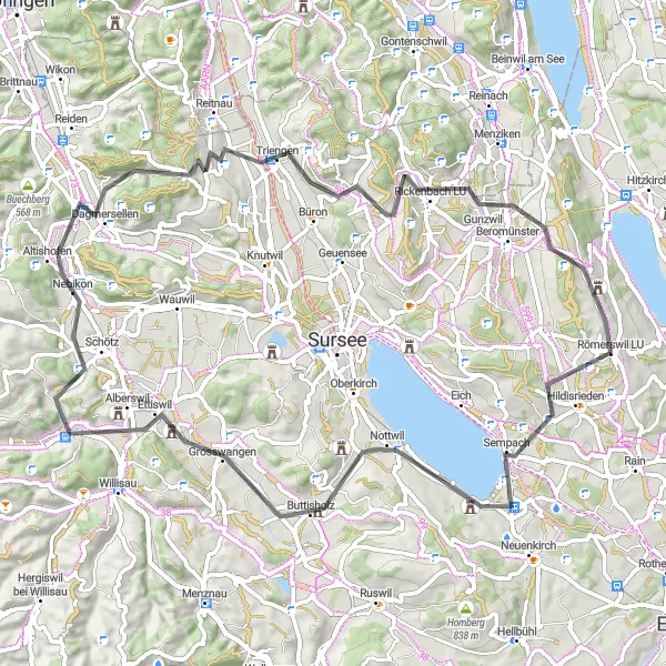 Kartminiatyr av "Römerswil - Triengen - Römerswil" sykkelinspirasjon i Zentralschweiz, Switzerland. Generert av Tarmacs.app sykkelrutoplanlegger