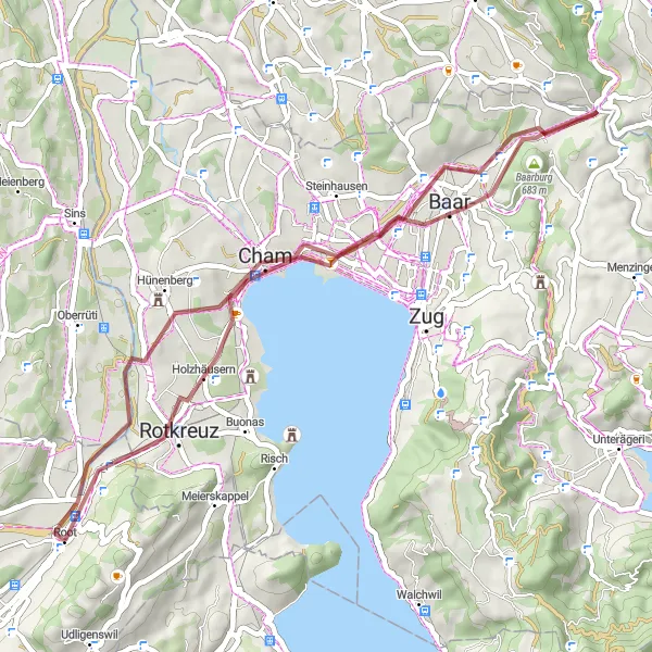 Karttaminiaatyyri "Rentouttava pyöräretki Rootista Gisikoniin" pyöräilyinspiraatiosta alueella Zentralschweiz, Switzerland. Luotu Tarmacs.app pyöräilyreittisuunnittelijalla