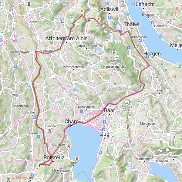 Miniatura della mappa di ispirazione al ciclismo "Avventura in bicicletta in sterrato da Mühlau ad Honau" nella regione di Zentralschweiz, Switzerland. Generata da Tarmacs.app, pianificatore di rotte ciclistiche