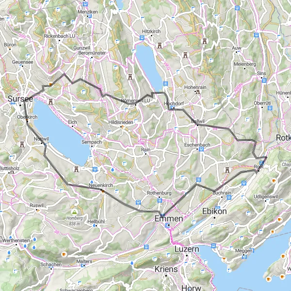 Map miniature of "Emmen to Honau Loop" cycling inspiration in Zentralschweiz, Switzerland. Generated by Tarmacs.app cycling route planner