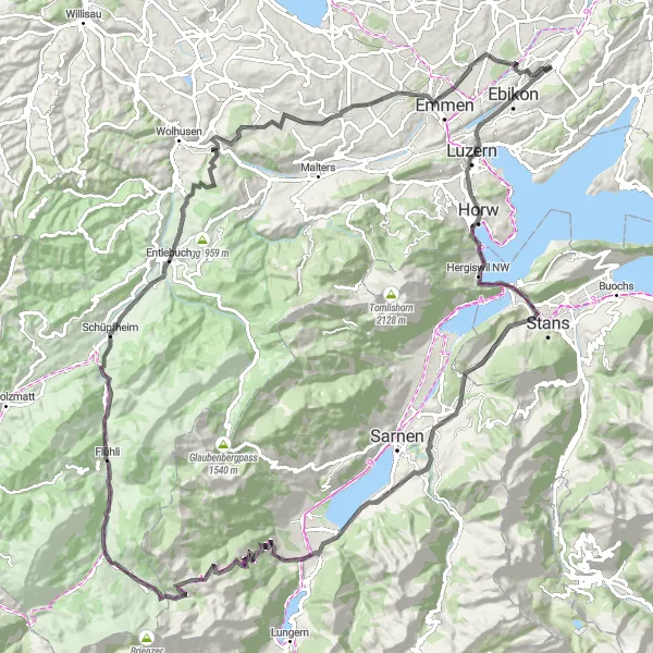 Karttaminiaatyyri "Järviä ja Linnoja" pyöräilyinspiraatiosta alueella Zentralschweiz, Switzerland. Luotu Tarmacs.app pyöräilyreittisuunnittelijalla