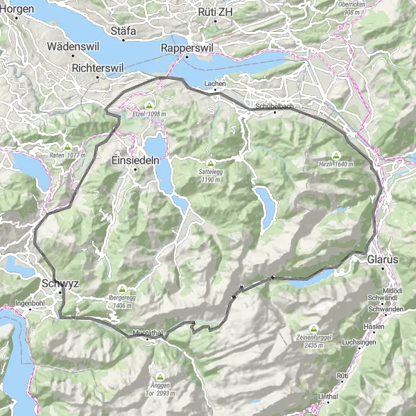 Miniatura della mappa di ispirazione al ciclismo "Alla scoperta di Schwyz e dintorni" nella regione di Zentralschweiz, Switzerland. Generata da Tarmacs.app, pianificatore di rotte ciclistiche