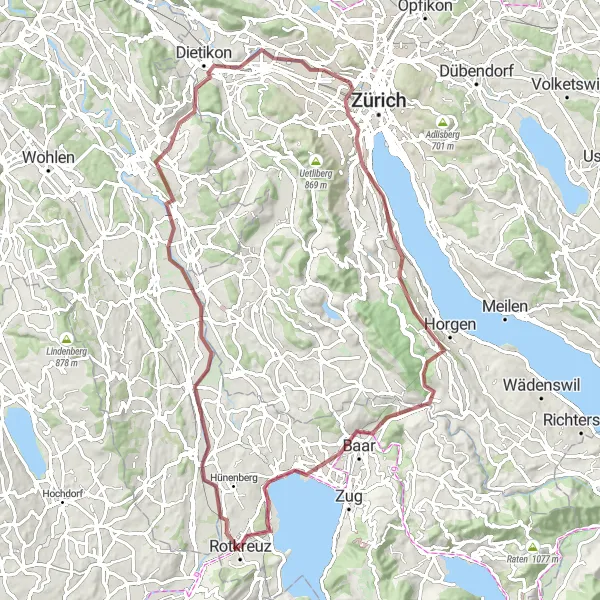 Karttaminiaatyyri "Rotkreuz - Buonas - Honeret - Rüschlikon - Baarburg" pyöräilyinspiraatiosta alueella Zentralschweiz, Switzerland. Luotu Tarmacs.app pyöräilyreittisuunnittelijalla