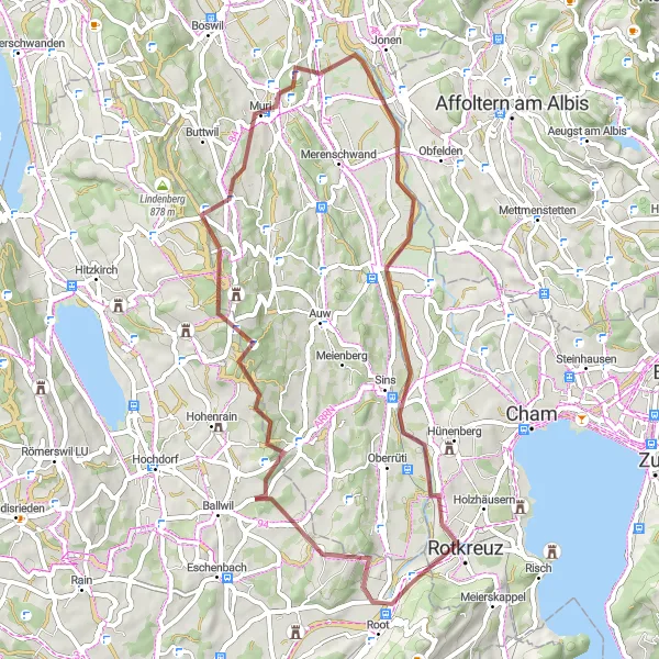Mapa miniatúra "Gravel cyklotúra cez Gisikon, Abtwil, Aristau a Sins" cyklistická inšpirácia v Zentralschweiz, Switzerland. Vygenerované cyklistickým plánovačom trás Tarmacs.app