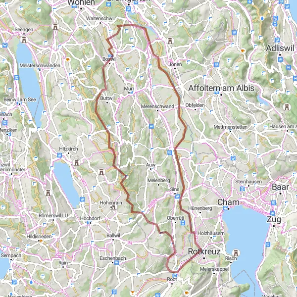 Kartminiatyr av "Rotkreuz til Rottenschwil Grusvei Sykkeltur" sykkelinspirasjon i Zentralschweiz, Switzerland. Generert av Tarmacs.app sykkelrutoplanlegger