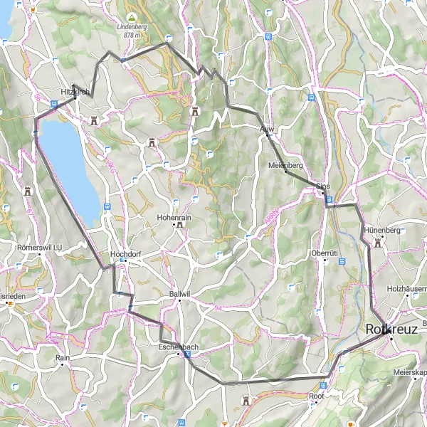 Miniatura della mappa di ispirazione al ciclismo "Il Giro in Bicicletta da Strada tra Gisikon e Hünenberg" nella regione di Zentralschweiz, Switzerland. Generata da Tarmacs.app, pianificatore di rotte ciclistiche