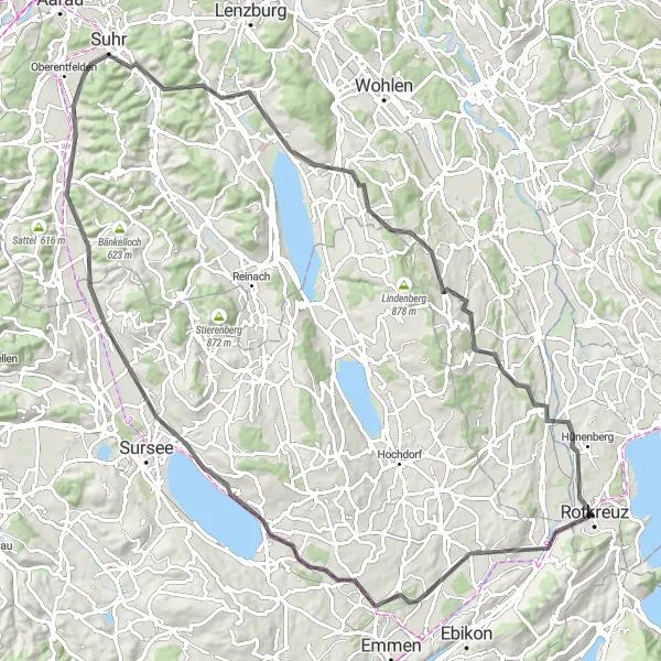 Miniatuurkaart van de fietsinspiratie "Rondrit van 101 km van Rotkreuz naar Reuss" in Zentralschweiz, Switzerland. Gemaakt door de Tarmacs.app fietsrouteplanner