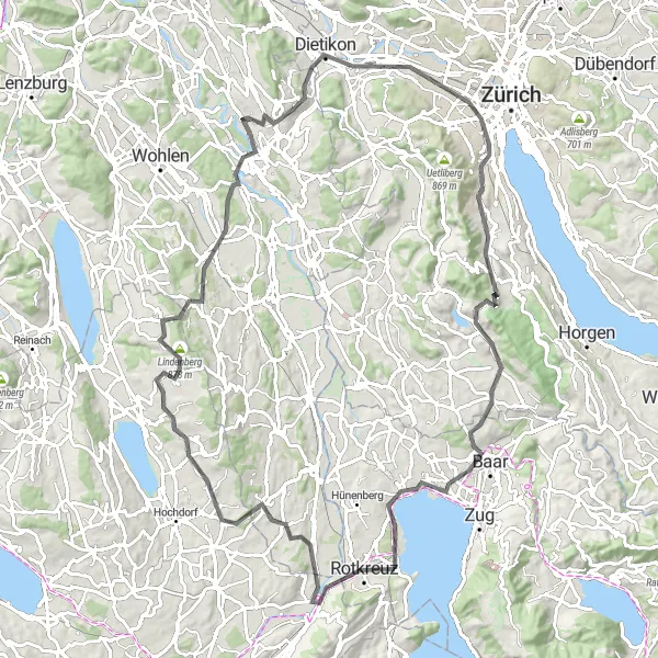 Miniatura della mappa di ispirazione al ciclismo "Rotkreuz - Dietwil - Adliswil - Hausen am Albis" nella regione di Zentralschweiz, Switzerland. Generata da Tarmacs.app, pianificatore di rotte ciclistiche