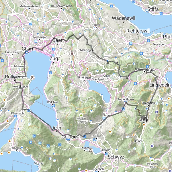 Kartminiatyr av "Baar til Meierskappel Road Adventure" sykkelinspirasjon i Zentralschweiz, Switzerland. Generert av Tarmacs.app sykkelrutoplanlegger