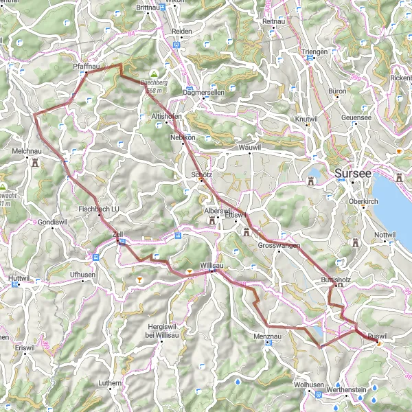 Miniaturekort af cykelinspirationen "Gruset cykelrute gennem Willisau og Altishofen" i Zentralschweiz, Switzerland. Genereret af Tarmacs.app cykelruteplanlægger
