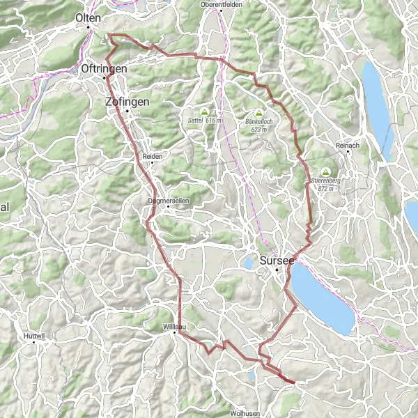 Miniature de la carte de l'inspiration cycliste "Traversée de la campagne suisse en gravier" dans la Zentralschweiz, Switzerland. Générée par le planificateur d'itinéraire cycliste Tarmacs.app