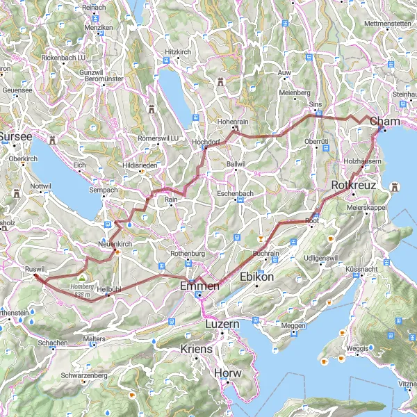 Map miniature of "Gravel Adventure - Ruswil to Emmen" cycling inspiration in Zentralschweiz, Switzerland. Generated by Tarmacs.app cycling route planner