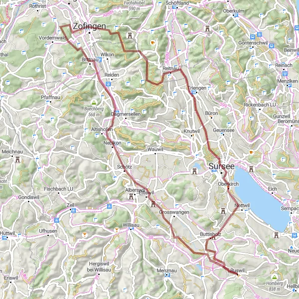 Mapa miniatúra "Gravelová výzva z Ettiswilu do Ruswilu" cyklistická inšpirácia v Zentralschweiz, Switzerland. Vygenerované cyklistickým plánovačom trás Tarmacs.app