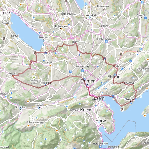 Miniatuurkaart van de fietsinspiratie "Gravel Route via Ruswil" in Zentralschweiz, Switzerland. Gemaakt door de Tarmacs.app fietsrouteplanner