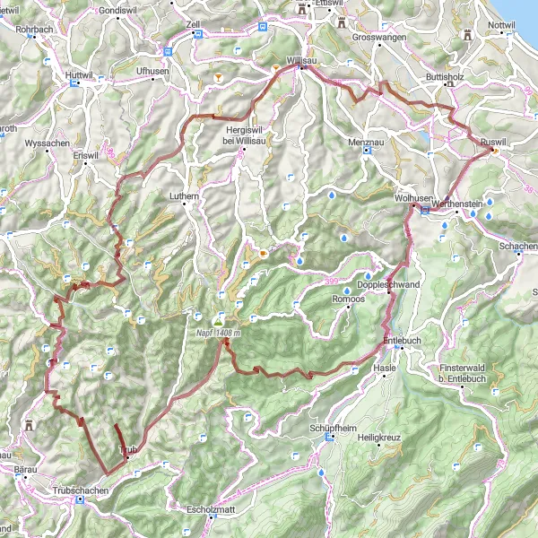 Kartminiatyr av "Eventyrlystne Grusvei-Tur til Napf fra Ruswil" sykkelinspirasjon i Zentralschweiz, Switzerland. Generert av Tarmacs.app sykkelrutoplanlegger