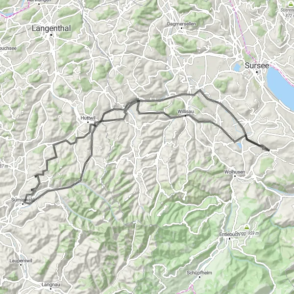 Map miniature of "Ruswil to Alberswil Loop" cycling inspiration in Zentralschweiz, Switzerland. Generated by Tarmacs.app cycling route planner