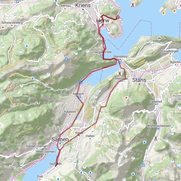 Miniatua del mapa de inspiración ciclista "Ruta de Grava a través de Hergiswil NW" en Zentralschweiz, Switzerland. Generado por Tarmacs.app planificador de rutas ciclistas