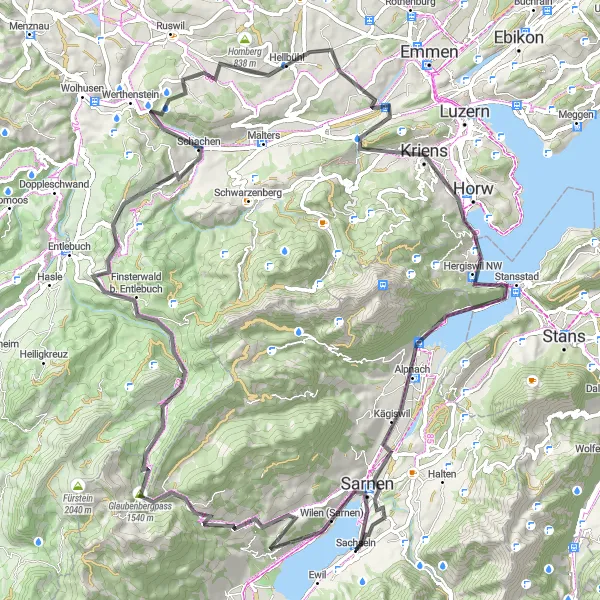 Mapa miniatúra "V lodibuziarskom svete okolo Horw" cyklistická inšpirácia v Zentralschweiz, Switzerland. Vygenerované cyklistickým plánovačom trás Tarmacs.app