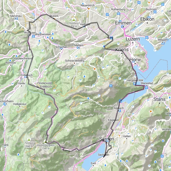 Mapa miniatúra "Sarnen - Glaubenbergpass - Alpnach - Vetterwäli / Chalchofen" cyklistická inšpirácia v Zentralschweiz, Switzerland. Vygenerované cyklistickým plánovačom trás Tarmacs.app