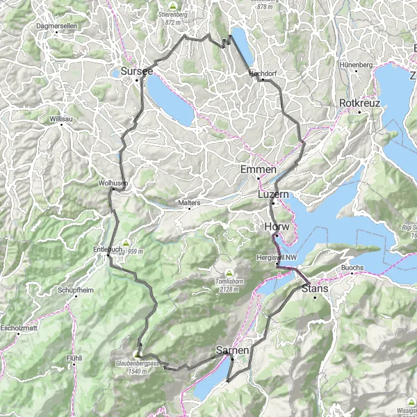 Miniatura mapy "Trasa rowerowa Sarnen - Kerns - Lucerne" - trasy rowerowej w Zentralschweiz, Switzerland. Wygenerowane przez planer tras rowerowych Tarmacs.app