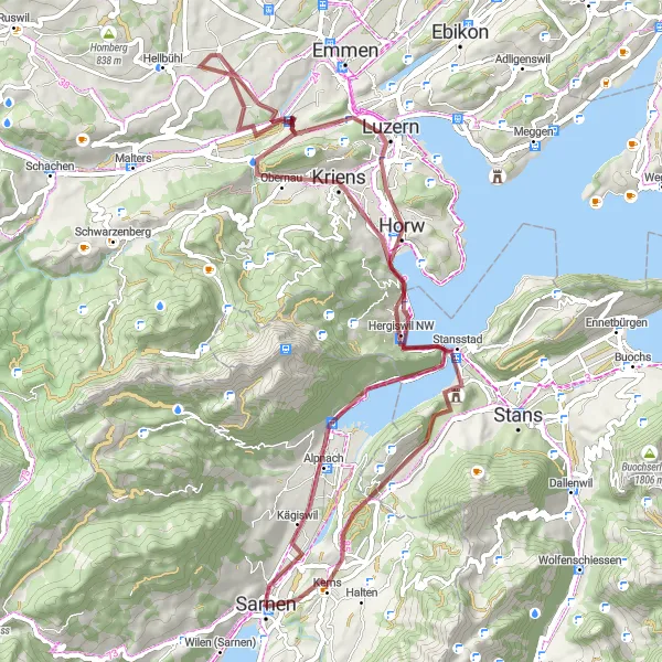 Miniatura della mappa di ispirazione al ciclismo "Il Tour Gravel di Alpnach" nella regione di Zentralschweiz, Switzerland. Generata da Tarmacs.app, pianificatore di rotte ciclistiche