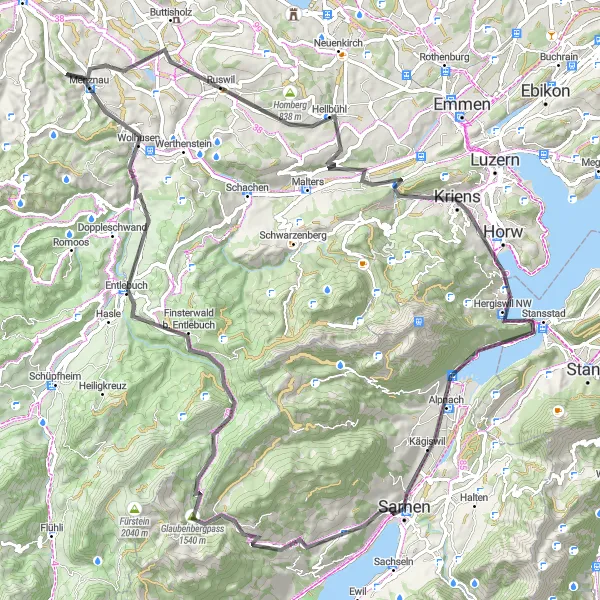 Mapa miniatúra "Jazdenie na bicykli v horskom teréne okolo Sarnenu" cyklistická inšpirácia v Zentralschweiz, Switzerland. Vygenerované cyklistickým plánovačom trás Tarmacs.app