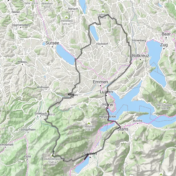 Mapa miniatúra "Okruh na bicykli od Sarnenu cez Lucern" cyklistická inšpirácia v Zentralschweiz, Switzerland. Vygenerované cyklistickým plánovačom trás Tarmacs.app