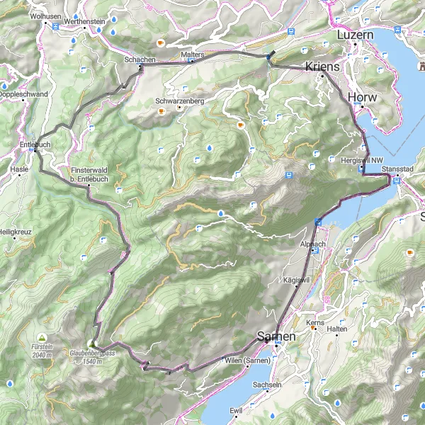 Miniatuurkaart van de fietsinspiratie "Road Cycling Tour door Entlebuch en Sonnenberg" in Zentralschweiz, Switzerland. Gemaakt door de Tarmacs.app fietsrouteplanner