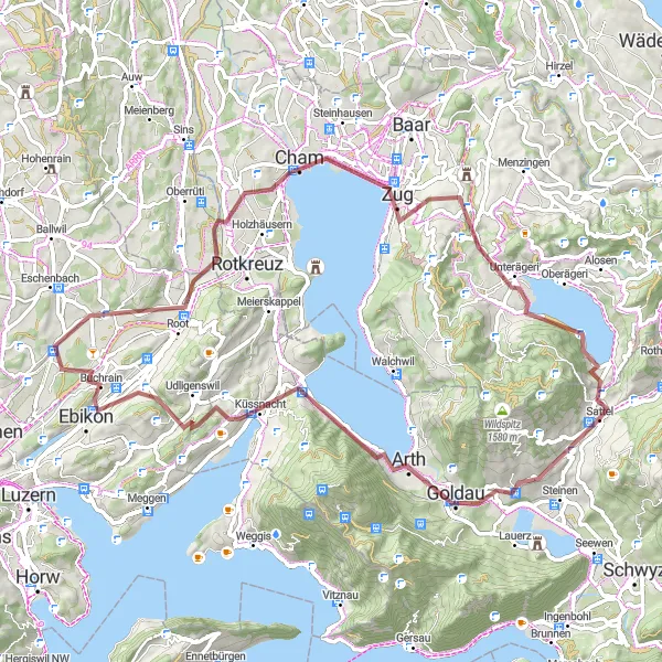 Miniatura della mappa di ispirazione al ciclismo "Tra natura e tradizione: da Unterägeri ad Ägerisee" nella regione di Zentralschweiz, Switzerland. Generata da Tarmacs.app, pianificatore di rotte ciclistiche