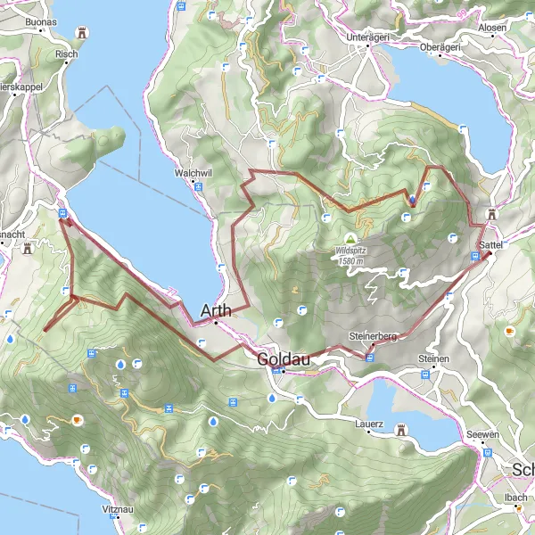 Map miniature of "Rigi and Wildspitz Gravel Route" cycling inspiration in Zentralschweiz, Switzerland. Generated by Tarmacs.app cycling route planner