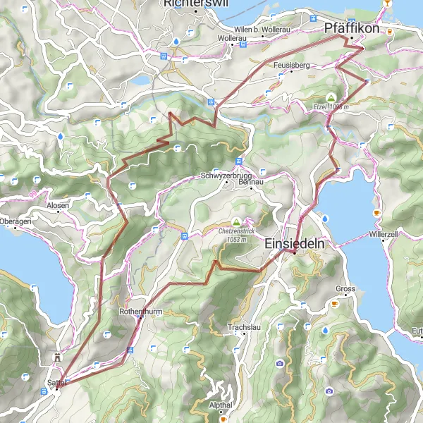 Mapa miniatúra "Gravelová Jazda do Einsiedelnu" cyklistická inšpirácia v Zentralschweiz, Switzerland. Vygenerované cyklistickým plánovačom trás Tarmacs.app