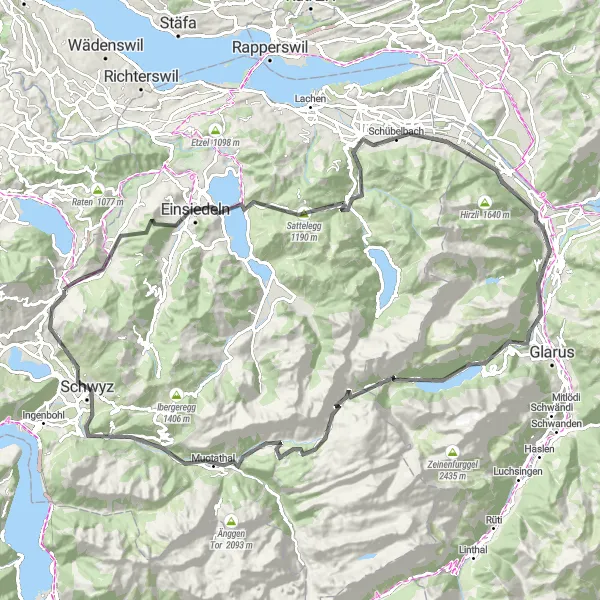 Karttaminiaatyyri "Einsiedeln - Schwyz - Einsiedeln" pyöräilyinspiraatiosta alueella Zentralschweiz, Switzerland. Luotu Tarmacs.app pyöräilyreittisuunnittelijalla