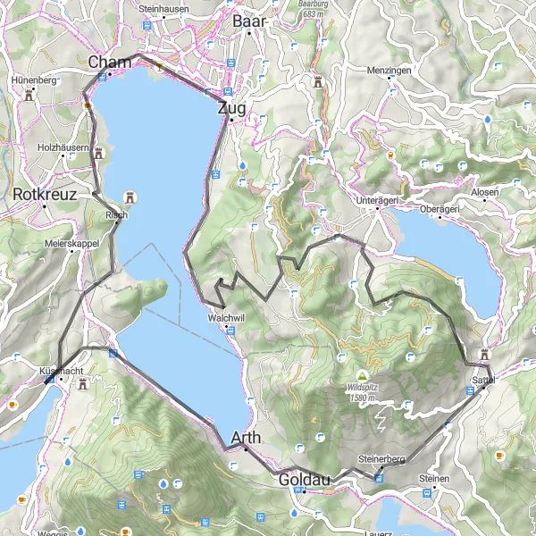 Zemljevid v pomanjšavi "Raznolika pot od Sattla do Zug" kolesarske inspiracije v Zentralschweiz, Switzerland. Generirano z načrtovalcem kolesarskih poti Tarmacs.app