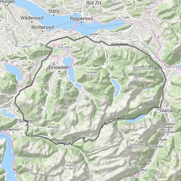 Miniatua del mapa de inspiración ciclista "Ruta de Carretera por Feusisberg, Schwyz y Muotathal" en Zentralschweiz, Switzerland. Generado por Tarmacs.app planificador de rutas ciclistas