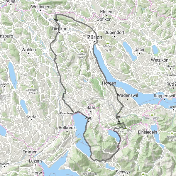 Map miniature of "Horgen to Regensdorf Road Route" cycling inspiration in Zentralschweiz, Switzerland. Generated by Tarmacs.app cycling route planner
