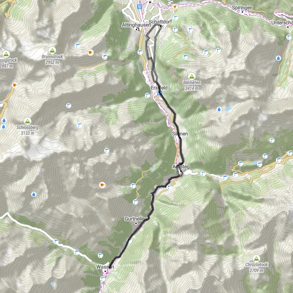 Miniatua del mapa de inspiración ciclista "Ruta en Carretera de Schattdorf a Wassen" en Zentralschweiz, Switzerland. Generado por Tarmacs.app planificador de rutas ciclistas