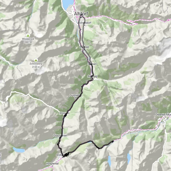 Kartminiatyr av "Cykla runt Oberalppass och Göschenertal" cykelinspiration i Zentralschweiz, Switzerland. Genererad av Tarmacs.app cykelruttplanerare