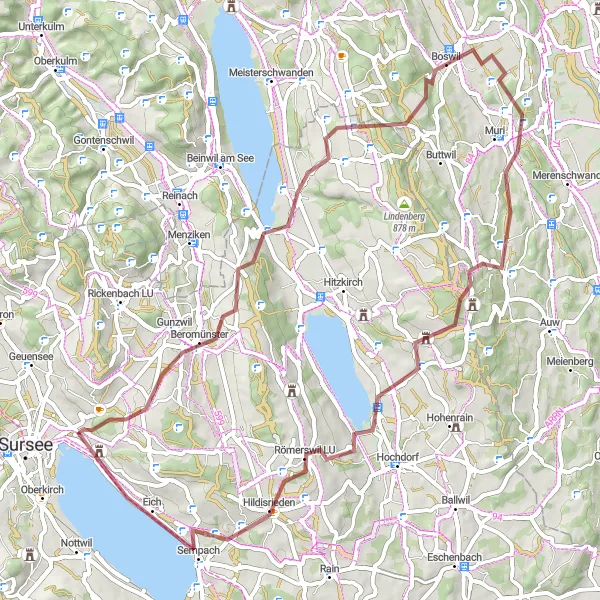 Kartminiatyr av "Grusvei Eventyr gjennom Muri og Hildisrieden" sykkelinspirasjon i Zentralschweiz, Switzerland. Generert av Tarmacs.app sykkelrutoplanlegger