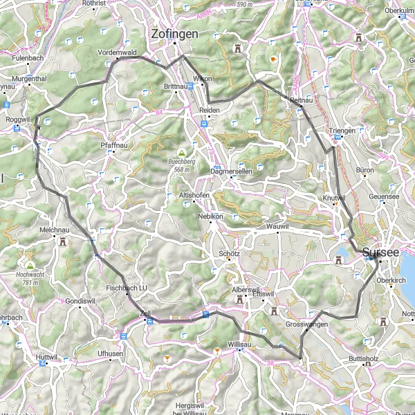 Kartminiatyr av "Willisau og Isehuet Cycling Eventyr" sykkelinspirasjon i Zentralschweiz, Switzerland. Generert av Tarmacs.app sykkelrutoplanlegger